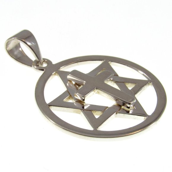 Solid 925 Sterling Silver Star of David Christian Jewish Cross Pendant - Picture 3 of 5